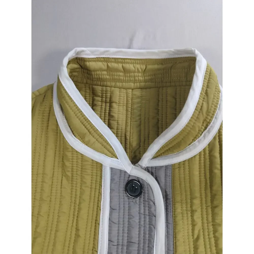 Quilted Colorblock Jacket Womens Olive Gray White Trim Boxy Cropped Coat